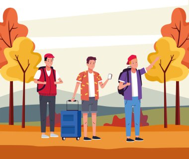 Sonbahar manzarasında faaliyet gösteren bir grup turist.