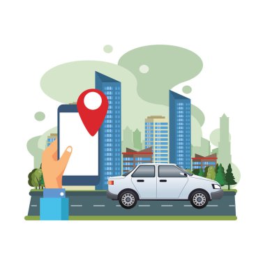 Akıllı telefonu ve GPS uygulaması olan beyaz sedan araba