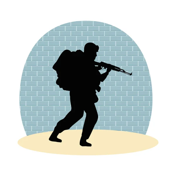 Soldat militaire avec silhouette fusil avec fond mural — Image vectorielle