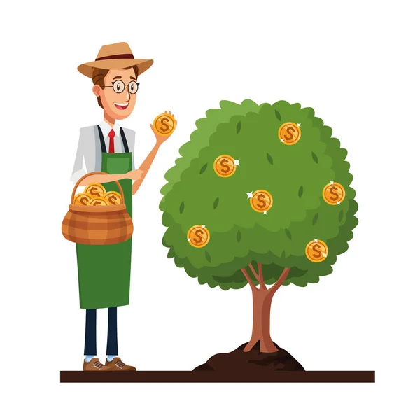 Affärsman med trädgårdsmästare aprom och hatt skörd mynt — Stock vektor