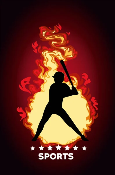 Athletic man practicing baseball sport silhouette on fire — Stock Vector