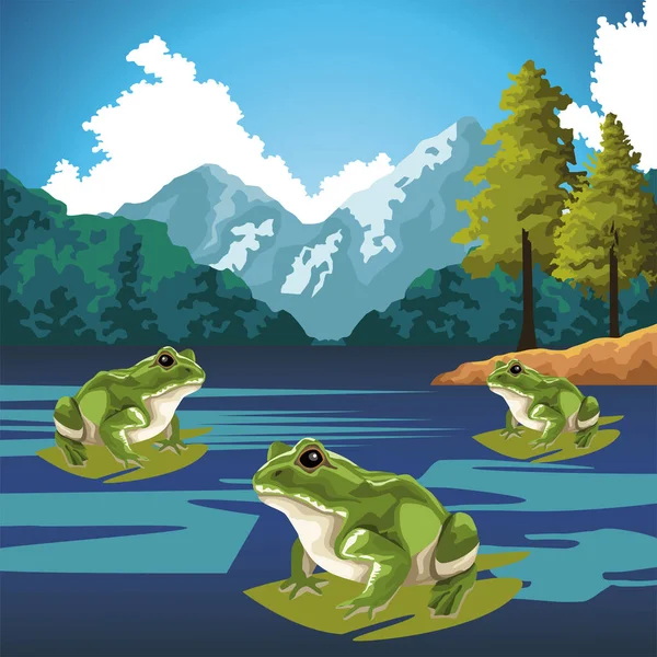 Animales de ranas en la escena del paisaje del lago — Vector de stock