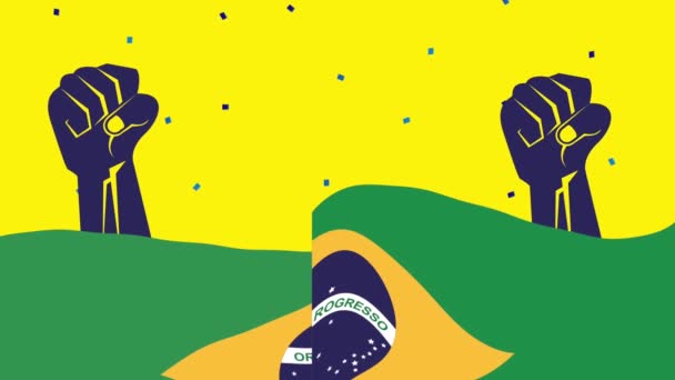 Celebración del día de la independencia de Brasil con bandera y manos fuertes — Vídeo de stock