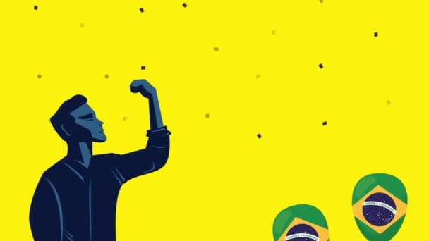 Fête de l'indépendance du Brésil avec drapeau de couleurs en ballons hélium et homme fort — Video