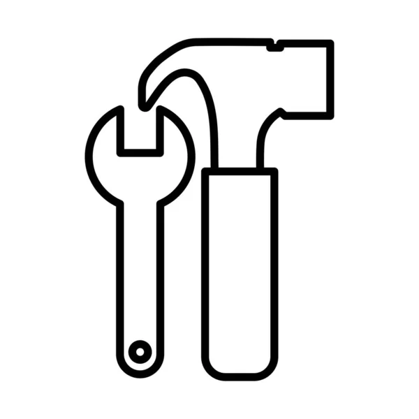 Llave inglesa y herramientas de martillo icono estilo línea — Vector de stock