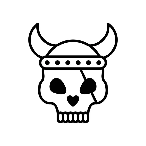 Dood schedel hoofd met gehoornde helm en piraat patch lijn stijl pictogram — Stockvector
