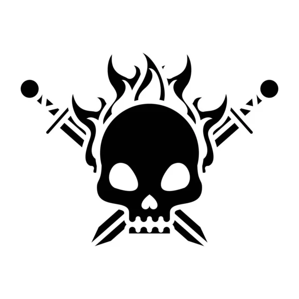 Cabeça do crânio da morte com espadas cruzadas no ícone de estilo silhueta fogo —  Vetores de Stock