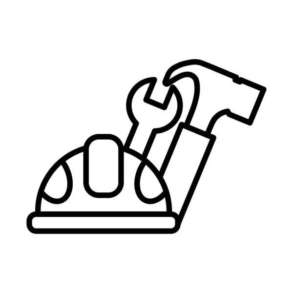 Helm mit Schlüsselschlüssel und Hammer Werkzeuge Linie Stil-Symbol — Stockvektor