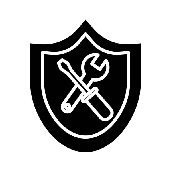 Escudo com chave e chave de fenda ferramentas ícone de estilo silhueta — Vetor de Stock