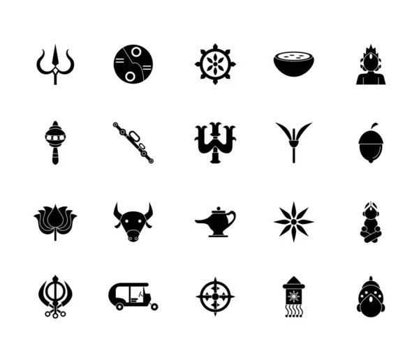 Dwadzieścia ikon sylwetki w stylu navratri — Wektor stockowy