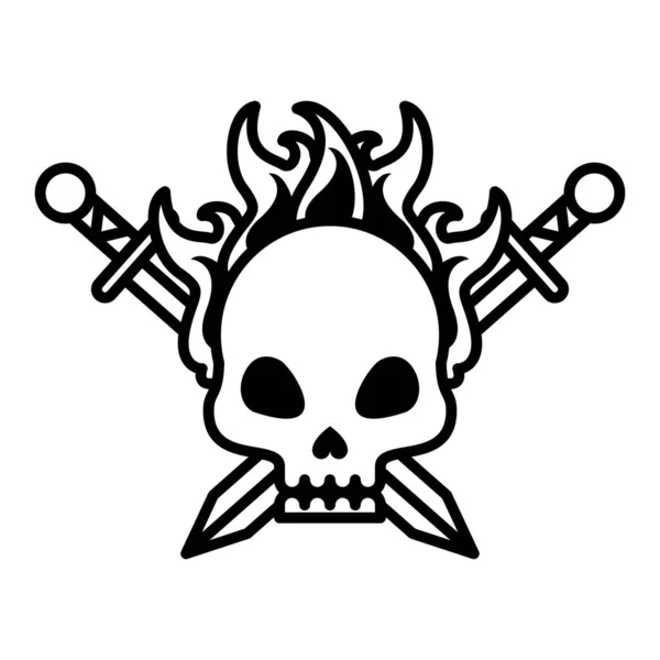 Cabeza del cráneo de la muerte con espadas cruzadas en el icono de estilo de línea de fuego — Archivo Imágenes Vectoriales