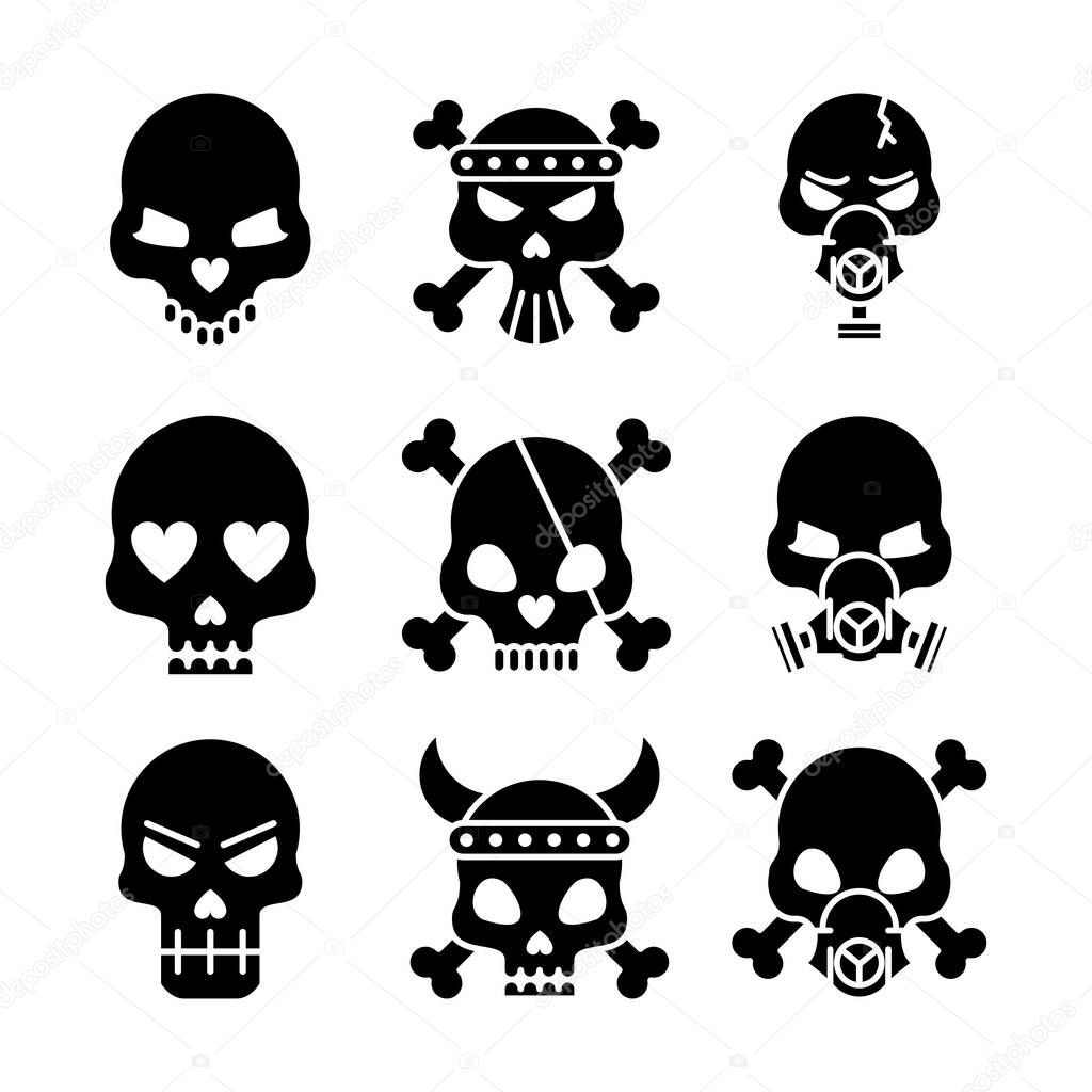 nine death skulls heads set collection icons