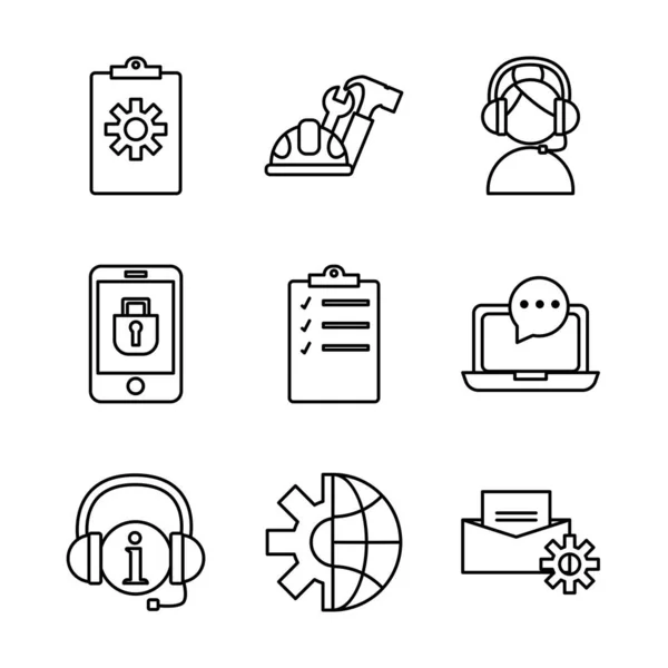 Pacote de nove ícones de conjunto de serviço técnico — Vetor de Stock
