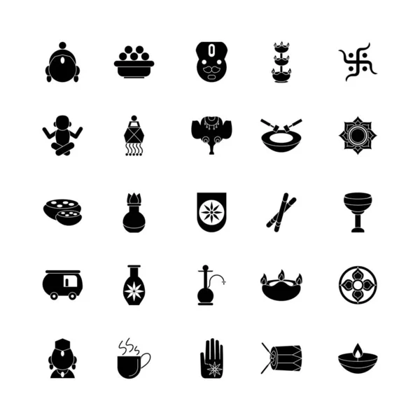Dua puluh lima ikon gaya siluet navratri - Stok Vektor