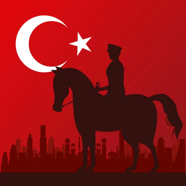 Zafer bayrami celebration with soldier in horse silhouette — Stock Vector