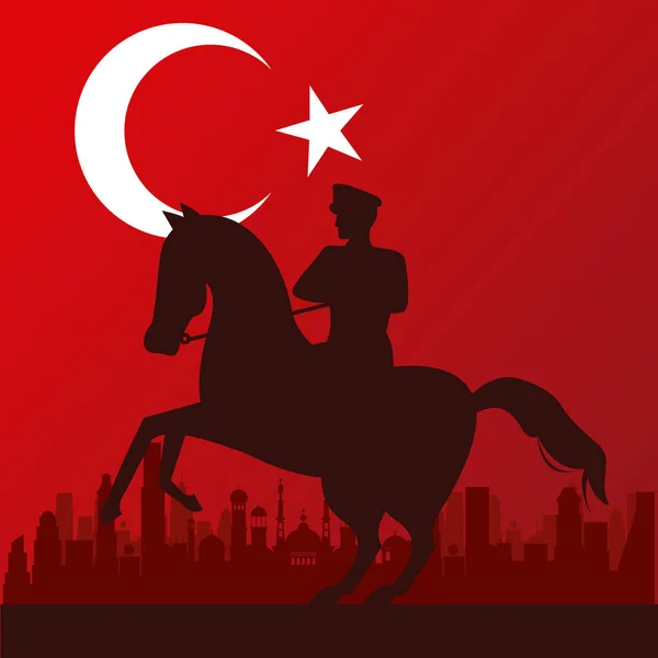 Celebración de bayrami zafer con soldado a caballo y bandera — Vector de stock