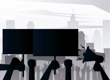 İnsanlar, kentteki sancakları ve megafon siluetlerini kaldırarak protesto ediyor.