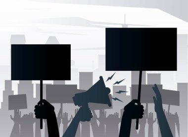 İnsanlar kentte bayrak ve megafon siluetlerini kaldırmayı protesto ediyorlar.