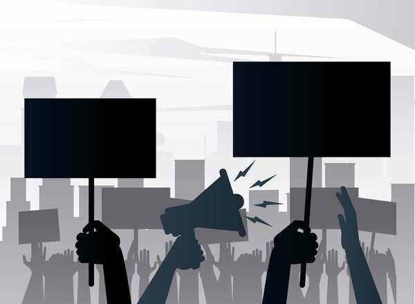 people protesting lifting banners and megaphone silhouettes on the city