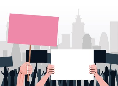 İnsanlar şehre boş pankartlar asarak protesto yapıyor.