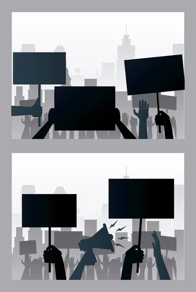 Mains personnes protestant contre lever des bannières et des silhouettes mégaphones scènes — Image vectorielle