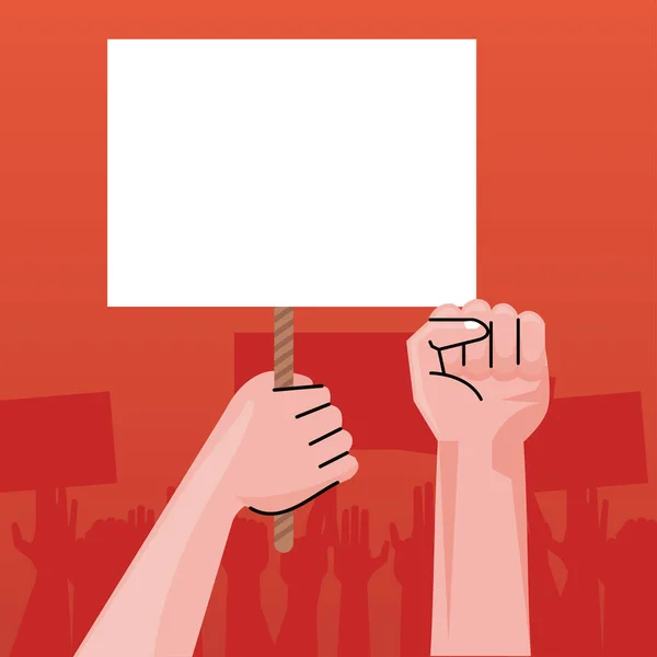 Hände Menschen protestieren Hissen Banner leer in rotem Hintergrund — Stockvektor