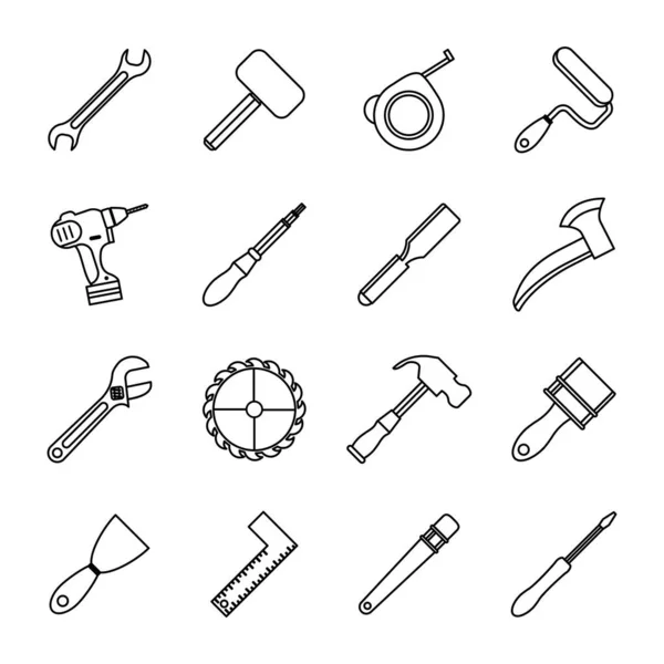 Pacote de dezesseis ferramentas conjunto de ícones de coleção — Vetor de Stock