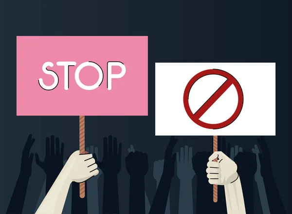 Kéz emberi tiltakozó emelés bannerek stop jel — Stock Vector