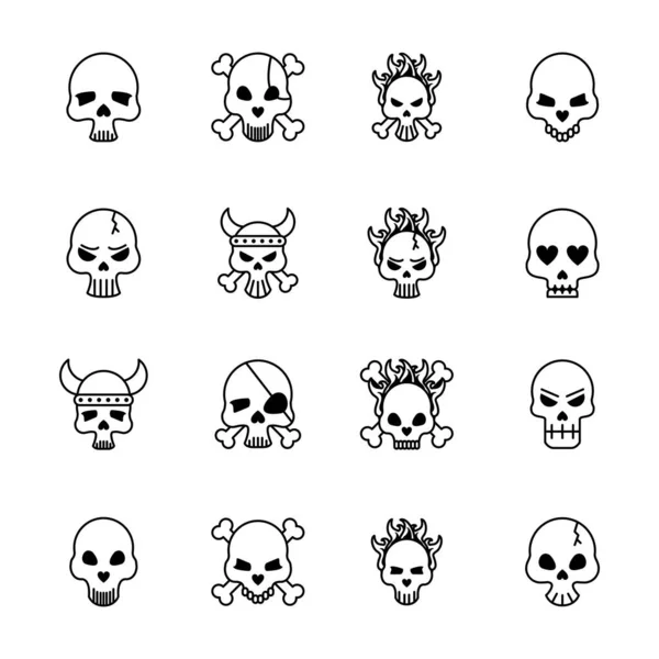 Sechzehn Totenschädel Köpfe setzen Symbole — Stockvektor