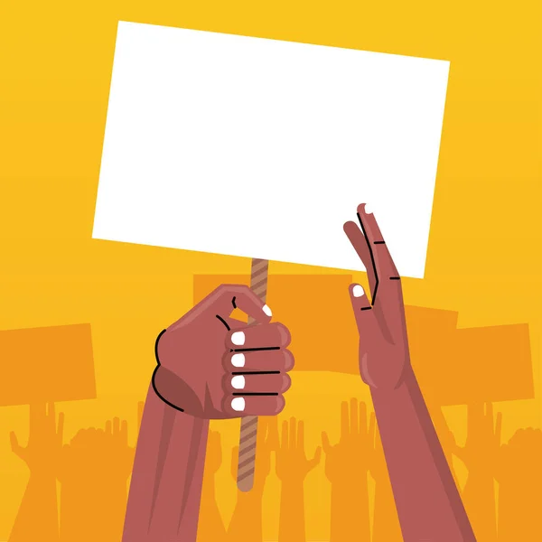 Afro manos humano protestando levantando pancarta vacía en fondo amarillo — Vector de stock