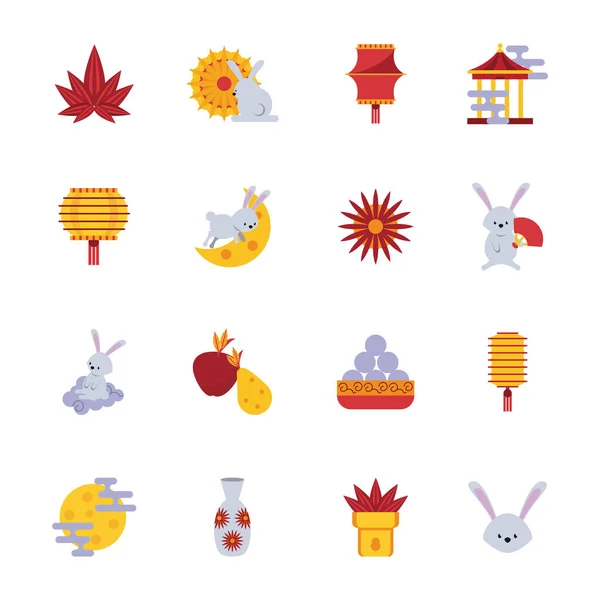 Szesnaście chińskich ikon festiwalu księżyca — Wektor stockowy