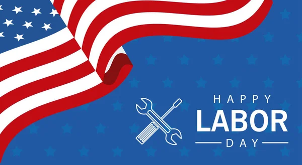 Celebração feliz dia de trabalho com bandeira dos EUA e ferramentas — Vetor de Stock
