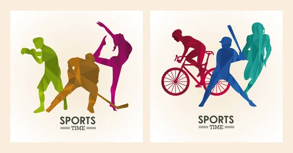 Sport tijd poster met atleten figuren silhouetten frames — Stockvector