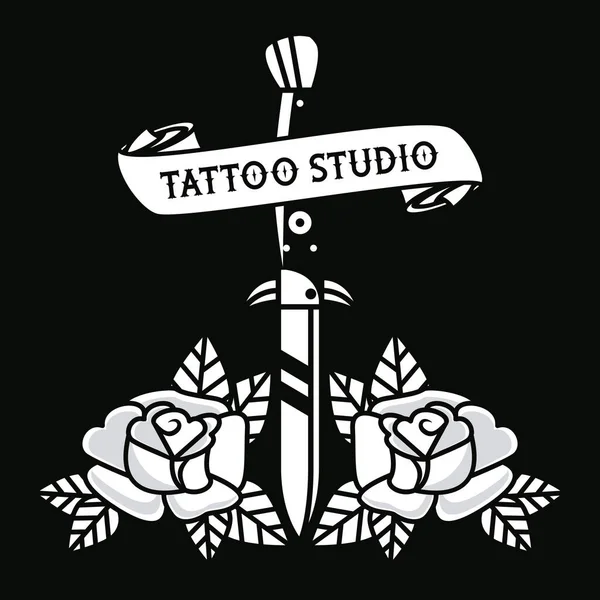 Στιλέτο με τριαντάφυλλα τατουάζ στούντιο γραφικών — Διανυσματικό Αρχείο