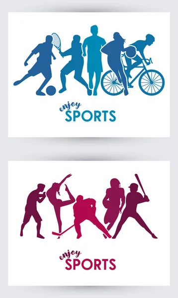 Tempo de esportes cartaz com quadros de silhuetas atletas — Vetor de Stock