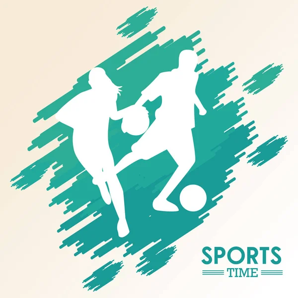 バスケットボールと男子サッカーのシルエットを練習するアスリートウーマン — ストックベクタ