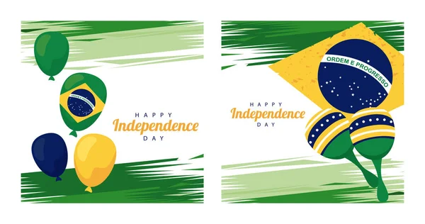 Brasilien feiert Unabhängigkeitstag mit Luftballons und Maracas in Flagge — Stockvektor