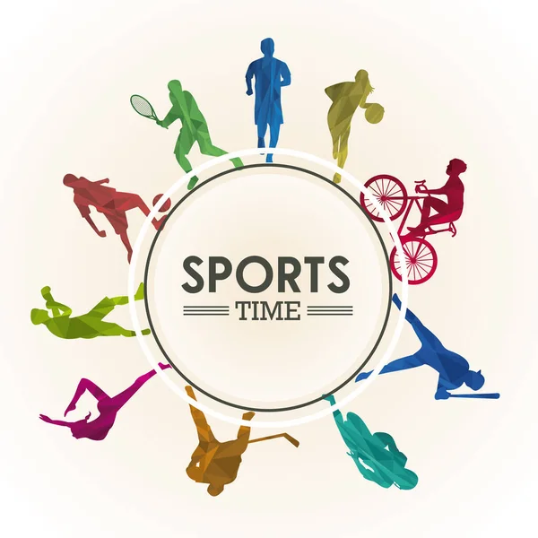 Póster deportivo con siluetas de deportistas en marco circular — Vector de stock