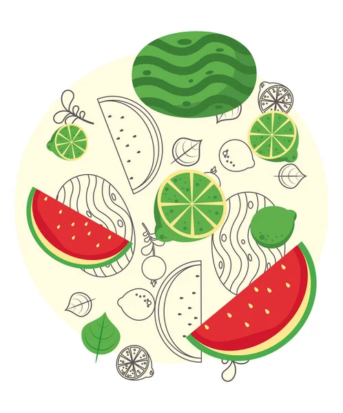 Frutas locais frescas com melancia em fundo branco — Vetor de Stock