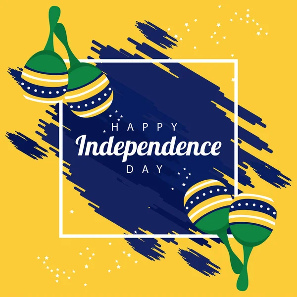 Braziliaanse gelukkige onafhankelijkheidsdag viering met vlag en maracas vierkante frame — Stockvector