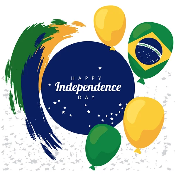 Brasil feliz día independiente celebración con bandera en globos helio flotador marco circular — Vector de stock