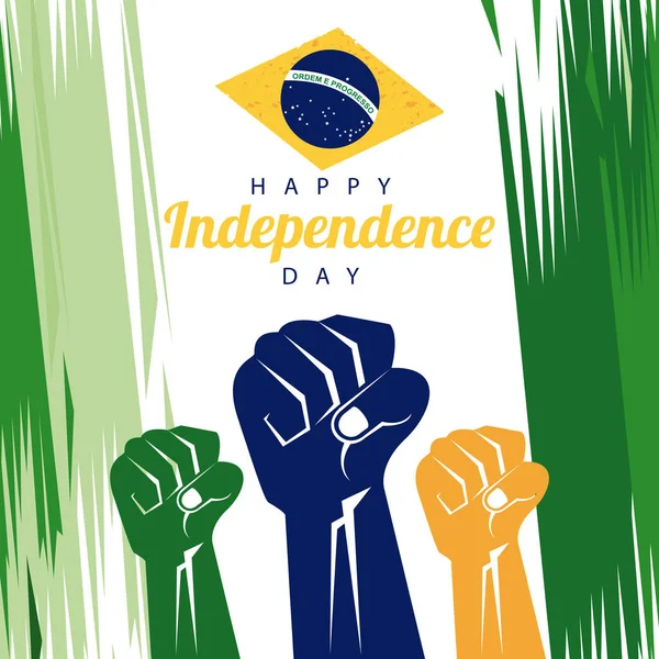Brasilien feiert Unabhängigkeitstag mit Flagge und aufgemalten Fäusten — Stockvektor