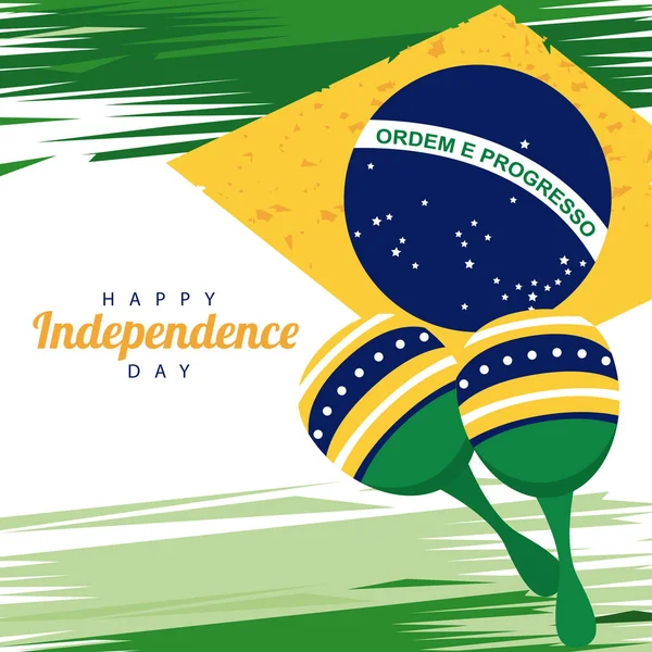 Brasilien glücklicher Unabhängigkeitstag mit Fahne und Maracas — Stockvektor