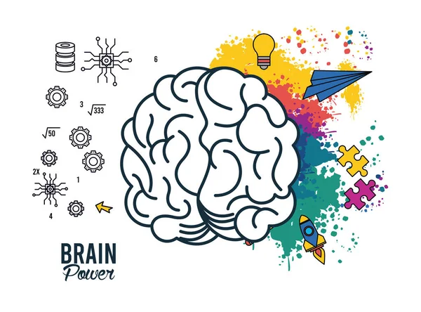 Hjärnans makt affisch med färger och set objekt — Stock vektor