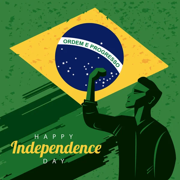 Brasiliana felice festa giorno independece con bandiera e uomo forte che celebra — Vettoriale Stock