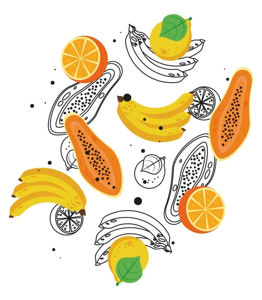 Friss helyi gyümölcsök banánnal és papayával fehér háttérben — Stock Vector