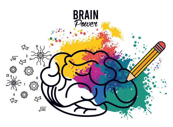 Plakát o síle mozku s barevnými skvrnami a tužkou — Stockový vektor