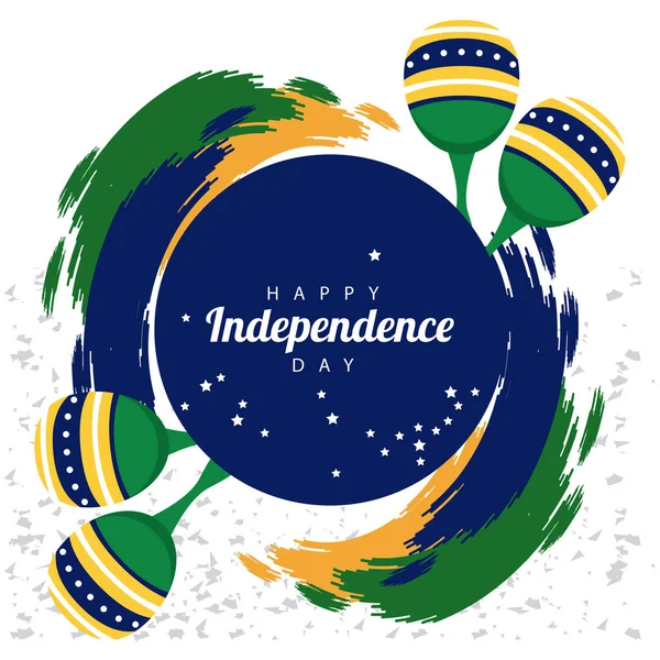 Brazil glad oberoende dag firande med flagga och maracas cirkulär ram — Stock vektor