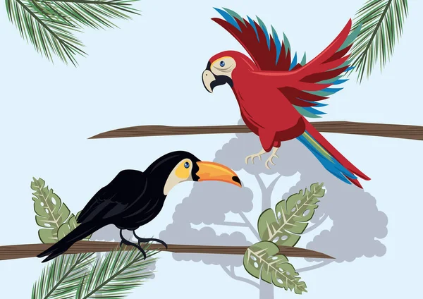 Vild tukan och papegoja fåglar flyger i djungeln — Stock vektor