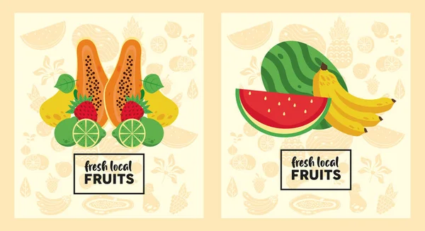 Fresh local fruits set of patterns in yellow color background — Stock Vector